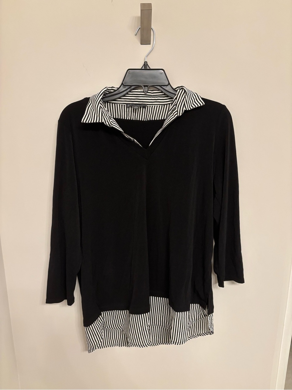 Adrianna Papell Black Layered-Look V-Neck Top with Striped Collar